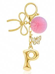 Cute Minimalist A-Z Initial Gold Keychain With Bowknot Pink Fur Ball Key Chain For Women's Bags, Daily Wear And Gift - Gold - View 16