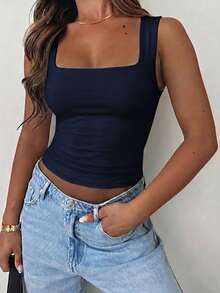 Vaiaye Women's Solid Color Square Neck Fitted Casual Camisole, Minimalist Retro Solid Color Vest, Summer Fashion Backless Knit Camisole, Casual Versatile, Suitable For Commuting - Navy - View 6