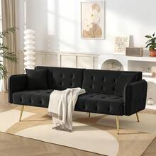 2-Seater Multifunctional Sofa Bed With Sleeping Function, Adjustable Backrest + Multi-Position Armrests. Modern Folding Sofa Bed For Living Room – Velvet Upholstery. Spacious Sleeping Area - Black - View 2