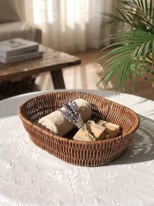 1pc Multi-Function Oval Woven Storage Basket, Plastic Rattan Design, Suitable For Storing Fruits, Snacks, Spoons, Flowers And Groceries, Shelf Basket, Home Decor - Brown Oval - View 7