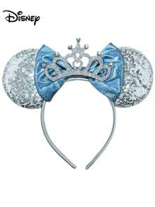 1pc Disney Cartoon Sequin White + Crown + Blue Bow Headband, Sequin Bow Hair Accessory, Cartoon Mickey Mouse Headband Sequin Mickey Mouse, Suitable For Amusement Park Photos, Holiday Parties - Multicolor - View 1