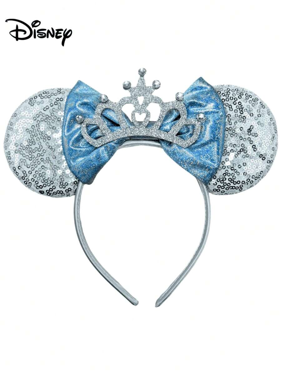 1pc Disney Cartoon Sequin White + Crown + Blue Bow Headband, Sequin Bow Hair Accessory, Cartoon Mickey Mouse Headband Sequin Mickey Mouse, Suitable For Amusement Park Photos, Holiday Parties - Multicolor - View 1