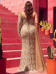 LUVISTRUE Plus Size Women's Heavy Beaded Sequin Mesh Formal Evening Gown, Sexy Backless Mermaid Ball Gown, Wedding Guest Spring/Summer Cocktail Maxi Dress - Champagne - View 2