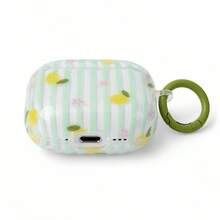 Semi-Transparent Mint Green Striped Lemon Floral Earphone Case With Hanging Ring Compatible With Apple Pro 3 Case/ Pro 2 Case/ Pro Case/ 4 Case/ 3 Case/ 2 Case/Fashionable Women's Earphone Case/Minimalist Earphone Case/Apple Earphone Case/Apple Earphone Cover - Mint Green - View 3