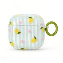 Semi-Transparent Mint Green Striped Lemon Floral Earphone Case With Hanging Ring Compatible With Apple Pro 3 Case/ Pro 2 Case/ Pro Case/ 4 Case/ 3 Case/ 2 Case/Fashionable Women's Earphone Case/Minimalist Earphone Case/Apple Earphone Case/Apple Earphone Cover - Mint Green - View 4