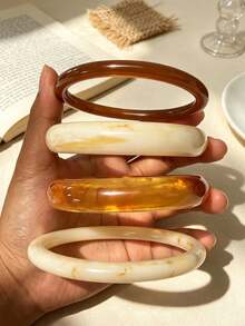 4pcs Vintage Minimalist Casual Women's Round Plain Acrylic Bracelets, Multicolor Coffee Color, Suitable For Daily Wear And Summer Beach Vacation, Stackable, Perfect Gift For Holidays - Multicolor - View 5