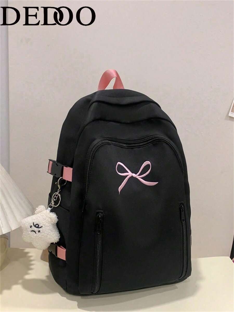 Dedoo Portable Cartoon Pendant Large Capacity Student Backpack, Suitable For Outdoor Travel, Back To School, University Campus Use - 黑色 - 查看 1