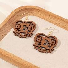 Women's Personalized Initial Wooden Earrings, Hollow Heart Daisy Flower Pattern 26 Letter Dangle Earrings - Brown - View 10
