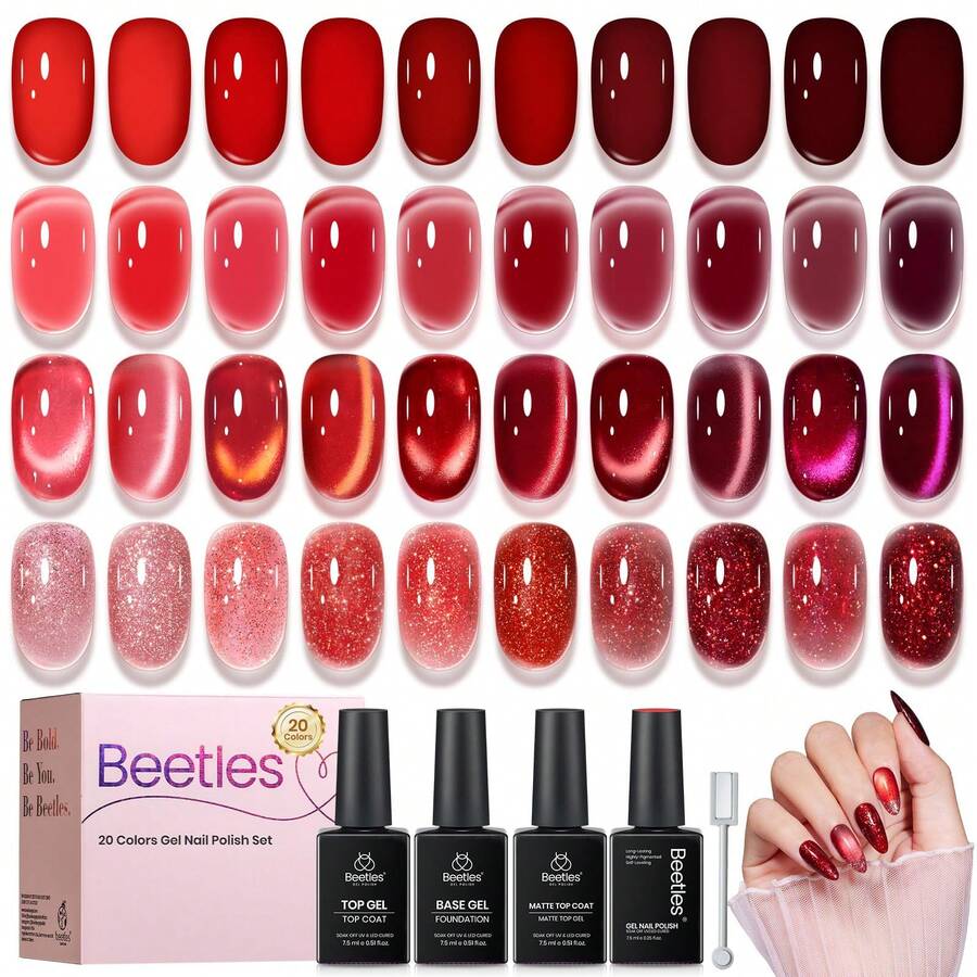 Beetles 20 Colors Red Cat Eye Gel Polish Set, Jelly Glitter & Solid Color Shimmer Magnetic Effects, Base Coat, Top Coat & Matte Top Coat, Soak Off UV LED Nail Art Manicure - 20色閃亮磁吸美甲膠套裝 - 查看 1