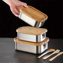 Stainless Steel Lunch Box With Bamboo Lid And Straight Buckle Design; Large Capacity Partitioned Lunch Box; Leak-Proof Structure; Suitable For Office Workers, Students, Outdoor Picnics, Travel, Office Dining, And Daily Use; Practical Item. - Silver - View 10