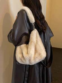 New Autumn/Winter Plush Tote Bag For Women, Large Capacity Commuter Shoulder Bag - Khaki - View 4