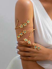 1 Set Elegant Adjustable Geometric Floral Pattern Bangle And Ring Set, Suitable For Daily Wear And Parties - Yellow Gold - View 13
