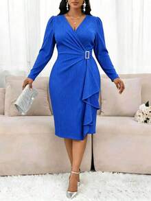 Plus Size Women's Elegant V-Neck Pleated Long Sleeve Midi Dress, Rhinestone Square Buckle Decor, Fitted Ruffle Hem, Suitable For Party, Banquet, Gathering, Evening Dress - Blue - View 5