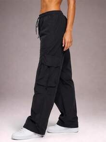CZRLHYT Women's Solid‑Color Drawstring Cargo Pants With Front‑Tie And Pockets, Simple Casual Style For Outdoor Use, Women's Apparel - Black - View 3