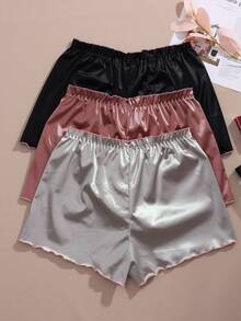 3pcs Solid Color Women's Boxer Briefs, Fashion Wavy Edge Comfortable Satin Women's Panties, Lightweight Comfortable Women's Safety Shorts - Multicolor - View 2