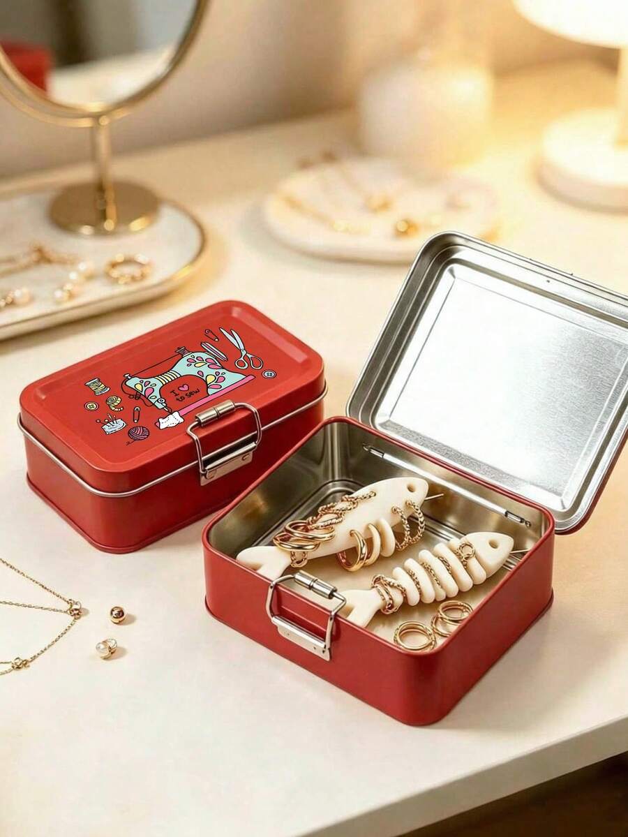 Sewing Machine And Needle Pattern Flip Cover Single-Sided Mini Snap Metal Box, Sewing Supplies Storage Box, Creative Fishbone-Shaped Thread Winder, Sewing Thread Organizer, Multi-Function Jewelry Box, Jewelry Storage Box, Coin Storage Box, Suitable For Home, Bedroom, Hotel, Office, Dorm, Travel, Perfect Birthday Gift, Back To School Season Gift, Teacher's Day, Halloween, Thanksgiving, Christmas Gift - Multicolor - View 1
