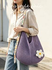 Crochet Flower Decor Colorful Square Crochet Strap Knitted Shoulder Bag Open Closure Spacious Convenient Access Suitable For Travel Vacation Outing Commute Shopping - Purple - View 8