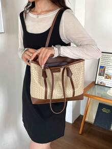 Cross-Border Woven Color-Block Rhombus Embossed Large Capacity Tote Bag Shoulder Large Bag Versatile Fashion Tote Bag For Women - Khaki - View 7