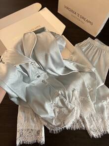 Light Luxury Sweet Solid Color Lace Trim Pajamas Women's New 2 Pieces Set Loungewear - Mint Green - View 6