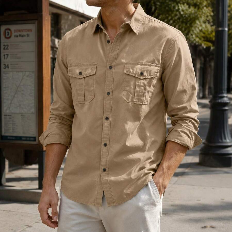 Men's Loose Fit Utility Work Shirt Point Collar Long Sleeve Casual Daily Outdoor Top - Light Brown - View 1