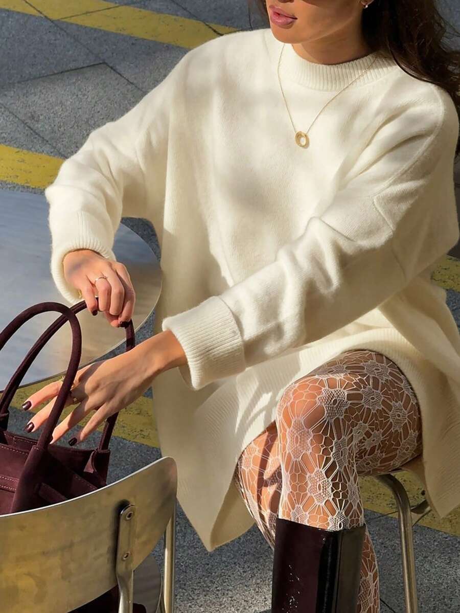 Women's Oversized Round Neck Soft Cozy Layered Sleeve Mid-Length Knit Dress, Fall Winter Casual Chic For Daily, Dating - Apricot - View 1