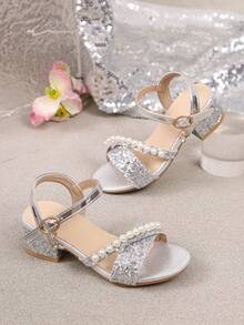 Girls' Glossy Pearl High Heel Sandals With Buckle Ankle Strap, Sweet Princess Shoes For Daily Wear And Party - Silver - View 6