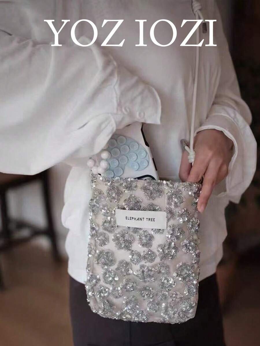 小眾設計串珠刺繡水桶包 夏季丹寧質感單肩包 新中式時尚百搭通勤逛街購物女款斜挎包 - 銀色 - 查看 1