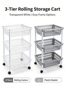 3‑Tier Rolling Storage Trolley, Large‑Capacity Hollow Basket Organizer Rack, Detachable Design, Plastic Material, Rectangular Multi‑Layer Storage Shelf, Mobile Utility Cart Suitable For Kitchen, Bathroom, Bedroom And More - Multicolor - View 5