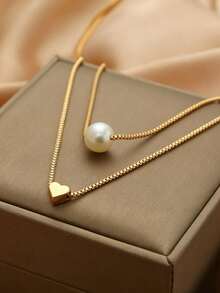 1pc Fashionable Minimalist Exquisite Double Layer Stacked Heart Pearl Necklace, Women's Daily Wear Accessory - Yellow Gold - View 4