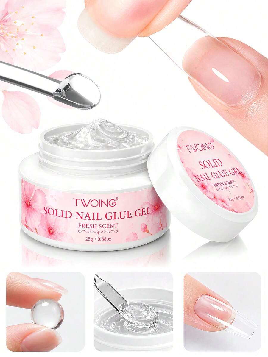 TWOING 25g Fresh Scent Solid Nail Gel, Strong Hold Transparent Gel, Suitable For Press-On Nails, Fake Nail Tips And Rhinestones, Long-Lasting UV/LED Nail Gel, Home Use