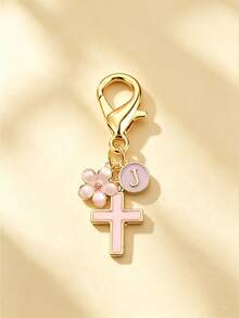1pc New 26 English Letter Optional Enamel Drip Oil Cross & Cherry Blossom Pendant, Gold Lobster Clasp Detachable Bag Charm, Girls' Portable Key Decoration Small Gift - Pink - View 33