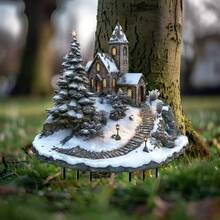 Estaca de Jardim e Gramado em Acrílico com Casa de Neve na Floresta de Noite de Natal, Decoração Paisagística para Exterior e Quintal - A - Visão 5