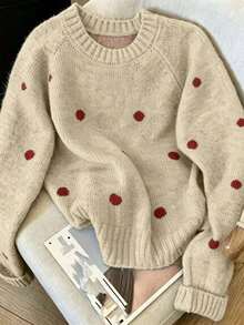 Vintage Red Dot Soft Knit Sweater, Autumn/Winter Gentle Style Versatile Crew Neck Pullover - Apricot - View 2