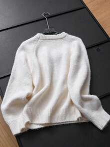 Women's Casual Loose Round Neck Raglan Sleeve Long Sleeve Pullover Knit Top, Casual Autumn/Winter Y2K Knit Sweater - White - View 2