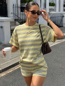 女款針織兩件套黃灰色條紋短褲套裝 休閒短袖O領毛衣家居服套裝 夏季海灘度假- - 黃色 - 查看 2