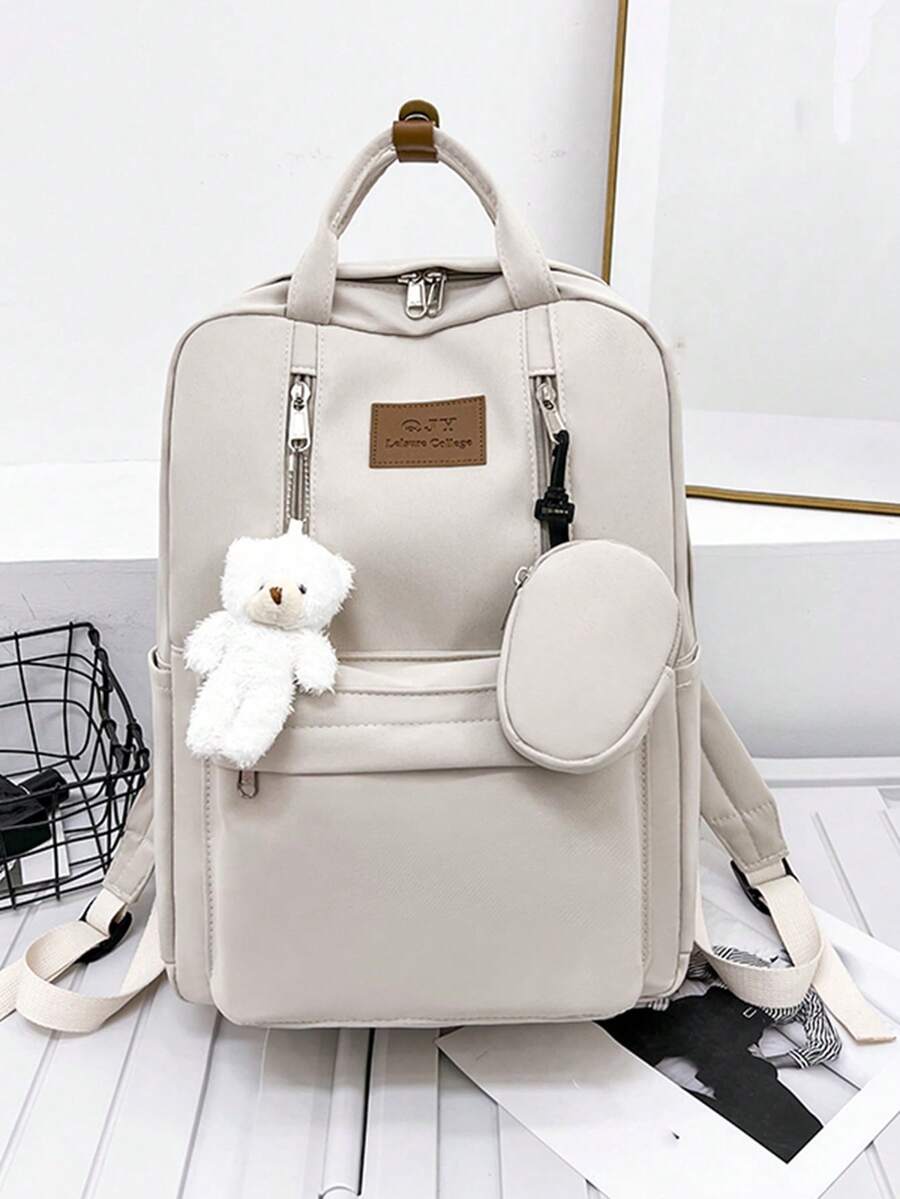 2pcs/Set Women's Nylon Fashion Backpack With Double Straps And Pendant Accessory, Sold Together - Beige - View 1