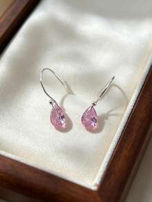 Minimalist 925 Sterling Silver Plain Silver Ear Hooks With Small Cubic Zirconia Water Drop Earrings, Multiple Colors Available, Suitable For Daily Wear - Pink - View 1