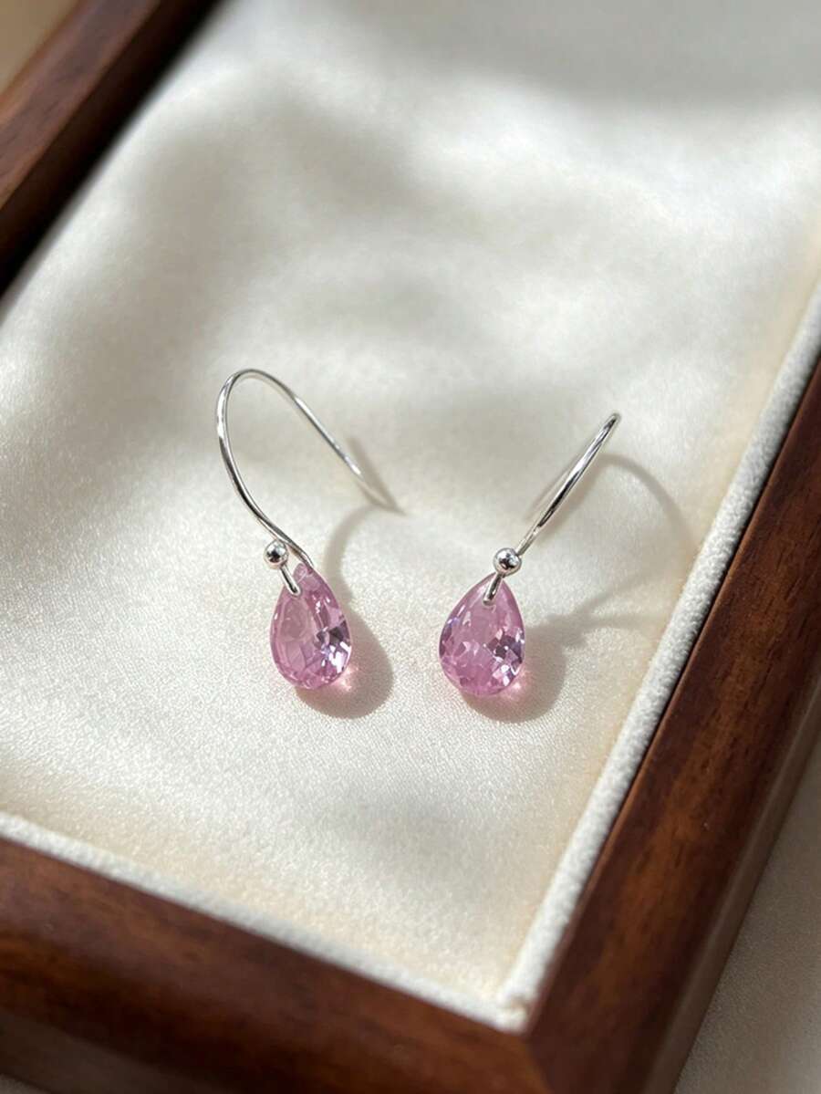 Minimalist 925 Sterling Silver Plain Silver Ear Hooks With Small Cubic Zirconia Water Drop Earrings, Multiple Colors Available, Suitable For Daily Wear - Pink - View 1