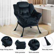 Lazy Chair, Relaxing Chair With Metal Frame And A Side Pocket, Simple Style Comfy Chairs For Bedrooms Living Room Balcony - 黑色 - 查看 2