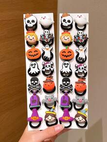 28pcs Halloween Pumpkin, Ghost, Skeleton Accessory Towel Ring Hair Ties, Sweet & Cool Braided Hair Accessories, Suitable For Holiday Party Cosplay Props, Day Of The Dead Party, Can Be Given As Halloween Hair Accessory Gift - Multicolor - View 2