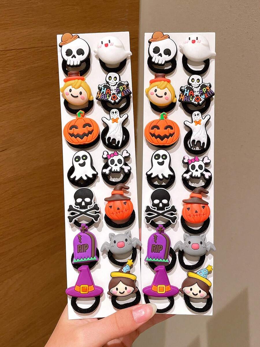 28pcs Halloween Pumpkin, Ghost, Skeleton Accessory Towel Ring Hair Ties, Sweet & Cool Braided Hair Accessories, Suitable For Holiday Party Cosplay Props, Day Of The Dead Party, Can Be Given As Halloween Hair Accessory Gift