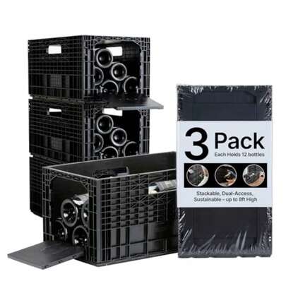 Stackable Wine Rack For Cabinet, 12-Bottle Crate, Set Of 3, Black Dual-Access Modular Horizontal Wine Rack Organizer,  Plastic Crates Stack To 8ft, Fits Cellar, Home Bar Or Wine Shelf