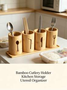 3/4pcs (Storage Bucket + Knife + Fork + Spoon) Set Combination Carbonized Bamboo Rustic Kitchen Utensil Holder, Divided Cutlery Tray Storage, Bottom Ventilation & Moisture-Proof, Natural Rustic Style Cutlery Rack Spoon Holder (Random Style Shipped) - View 11