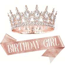 1pc/2pcs Birthday Girl Crown & Sash Set, Rose Gold/Purple/Gold Rhinestone Tiara + Glitter Sash, Women & Girls Birthday Party Accessories - Multicolor - View 10