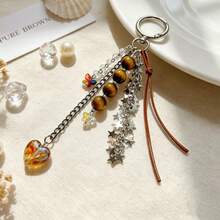 Vintage Brown Glass Heart Star Chain Bag Charm, Retro Aesthetic Keychain Pendant,Chic Beaded Tassel Purse Accessory, Y2K Minimalist Handbag Decoration - Multicolor - View 4