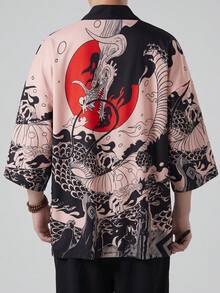 Chinese Style Retro Loose 3/4 Sleeve Dragon Robe Kimono Cover Up, Summer Niche Design Street Style Graphic Beach Cover-Up Sunscreen Jacket - Black - View 5