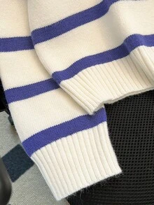 1pc Girls' Teen Fashion Striped Half-Button Front Long Sleeve Warm Knit Sweater, Spring/Autumn/Winter - Blue - View 6