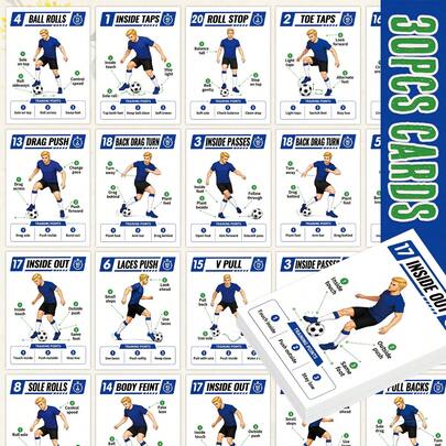 30Pcs Football Practice Skill Cards - 2.5*3.5inch Step-By-Step Soccer Technique Training Guide Cards With Footwork, Dribbling, Passing & Ball Control For Individual & Team Practice - Portable Sports Workout Deck For Beginners & Players