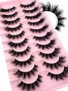 10 Pairs Fluffy Faux Mink False Eyelashes, Thin Style, Voluminous Style, Curled Style, 3D Natural Style, Suitable For Party, Daily Wear, Cat Eye Style, Applicable For Various Occasions - Black - View 2