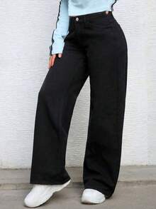 Teenage Girls' Fashion Solid Color Straight-Leg Jeans - Black - View 4